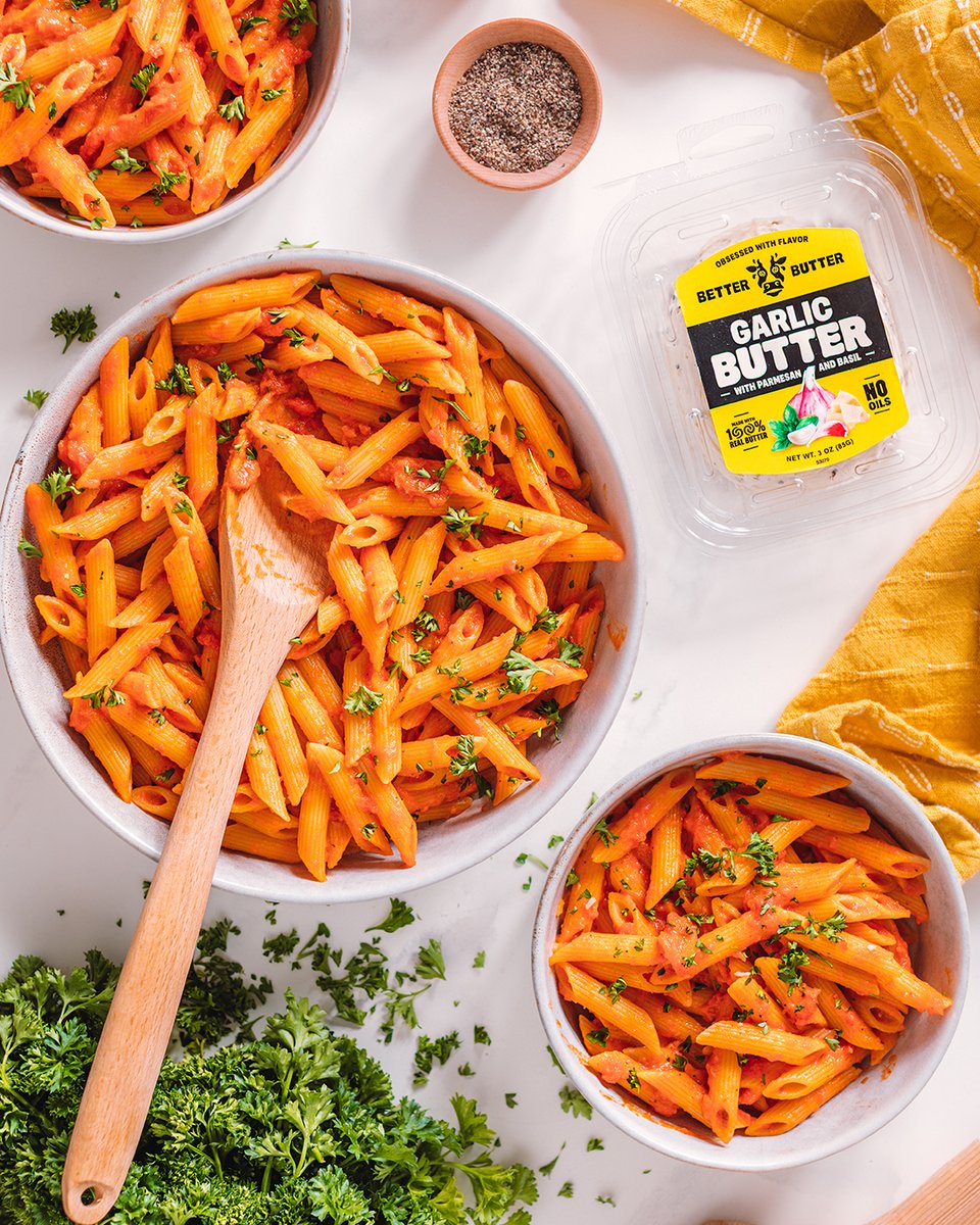 Penne alla VODKA-BUTTER 😏🍝 Our Garlic Butter just took this cozy classic to a whole new level. 
Craving it already? Find the recipe here: <NEEDS LINK>