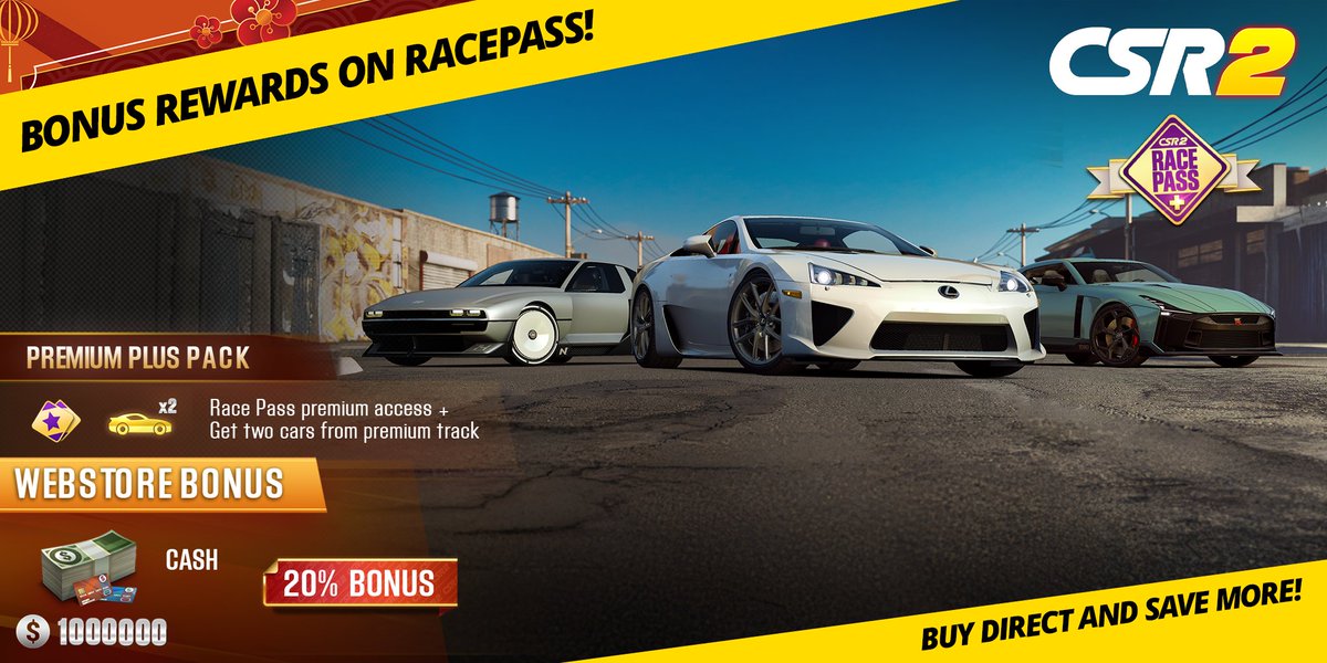CSRRacing's tweet photo. Unlock bonus rewards on Race Pass with the Premium Plus Pack. Get premium access, two cars from the premium track, and a 20% Cash bonus when you buy directly. Save more in the CSR2 Webstore.
https://t.co/7ShuT7Jqiv
#CSR2 #CSR2WebStore #ExclusiveDeals #SpecialOffers #CSR2Deals https://t.co/lhNsADZEJH