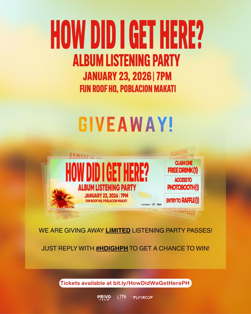 TEAMLOUISPH's tweet photo. How did we get here? Donโt ask, just listen ๐๐ง Weโre giving away passes to our listening party ๐
Winners will be contacted via DM ๐ #HDIGHPH https://t.co/DKG3dhTgmS
