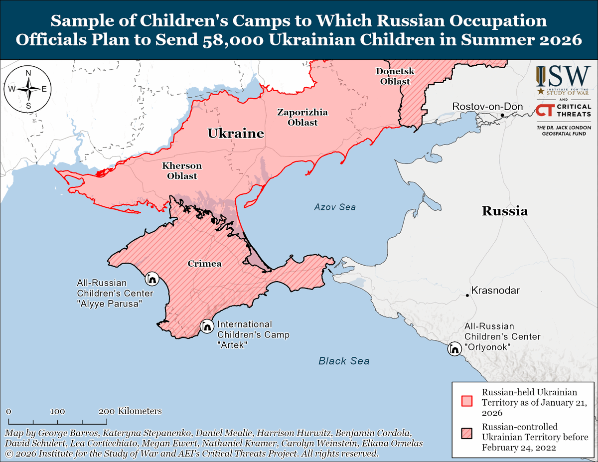 TheStudyofWar's tweet image. NEW:  Russian occupation officials signaled their intent to send tens of thousands of Ukrainian children to summer camps throughout occupied Ukraine and within Russia in Summer 2026.  

Other Key Takeaways:   

Russia continues to send Ukrainian teenagers to Russian…