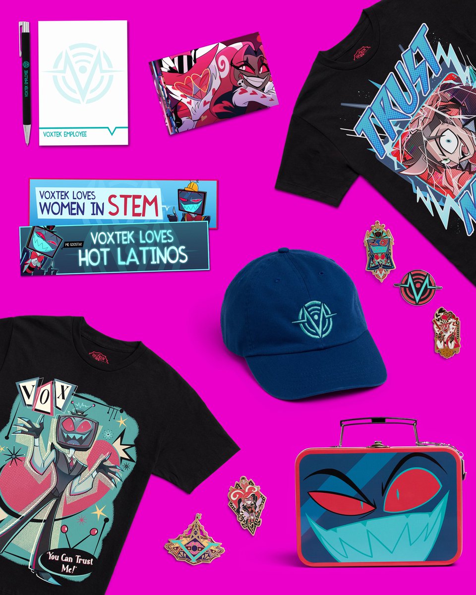 HellaversePrime's tweet image. Attention VoxTek Employees, in an effort to boost morale, VoxTek Enterprises has unveiled an assortment of new products to help you ease back into your daily workflow. 

New shirts, pins, and more are now live as part of the”Get Back To Work” sale on hazbinhotel.com.