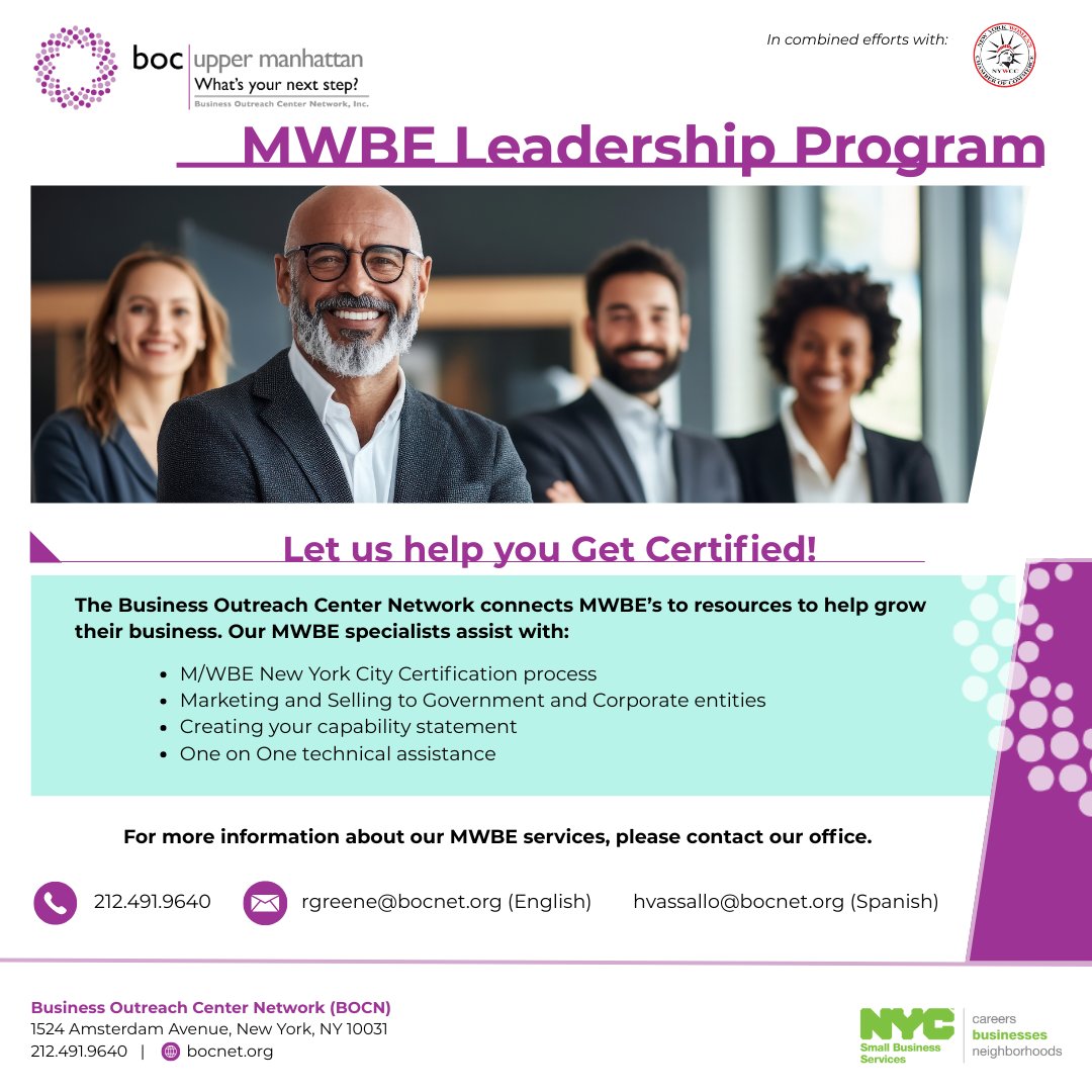 BOCNetwork's tweet image. 📢Are you MWBE certified? Get NYC Certified today with @BOCNetwork for your MWBE business needs with free resources &amp;amp; services to help your business 📈 Call us today! 📞 212.491.9640 or email 📩 rgreene@bocnet.org(English) or hvassallo@bocnet.org(Spanish) to setup a consultation.