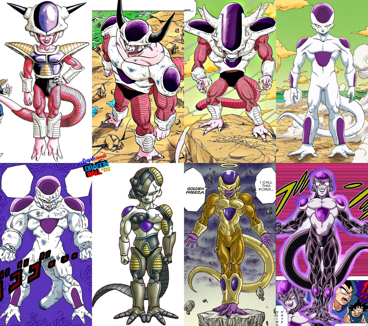 Las transformaciones o formas de Freezer en los mangas de Dragon Ball, ilustradas por Akira Toriyama y Toyotaro.