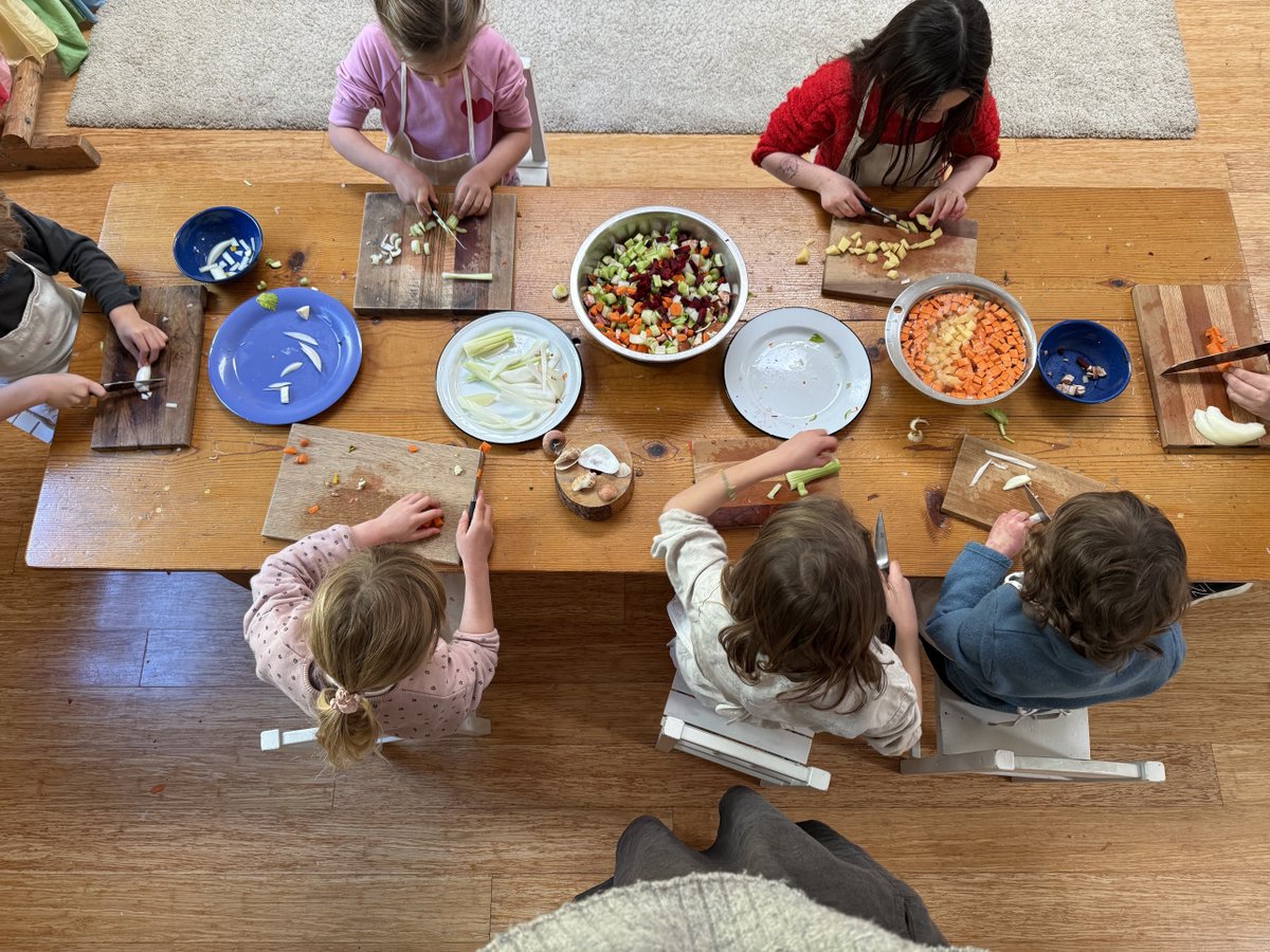 Twice a week, our kindergarten transforms into a joyful kitchen.

This week, little hands have been busy chopping, stirring, and kneading. Cooking together builds independence, coordination, patience, and a deep sense of pride, all while nourishing both body and spirit.