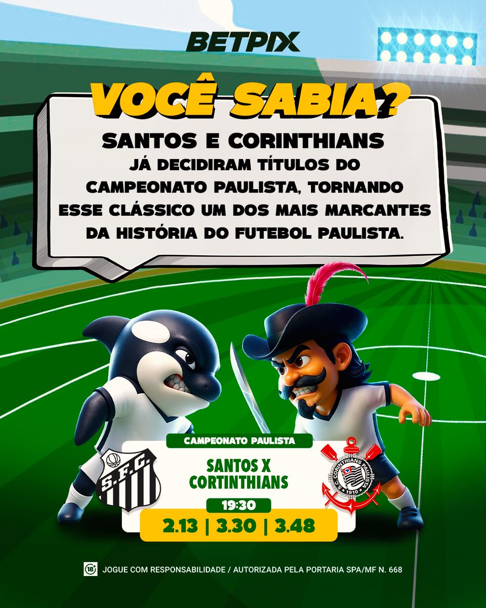 Você sabia?⚽🔥

Santos e Corinthians já decidiram títulos do Paulistão e transformaram esse confronto em um dos clássicos mais marcantes do futebol paulista. 😎🏟️

Fica ligado e acompanha esse jogaço com a gente, corre agora pro site! ✅

Jogue com responsabilidade 🔞