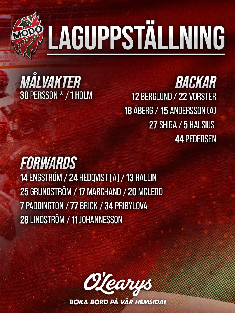 MoDo_Hockey's tweet image. Kvällens lag!

🥅 Persson i målet.
ℹ️ I övrigt samma uppställning som senast.

Nedsläpp 19:00.

#modose