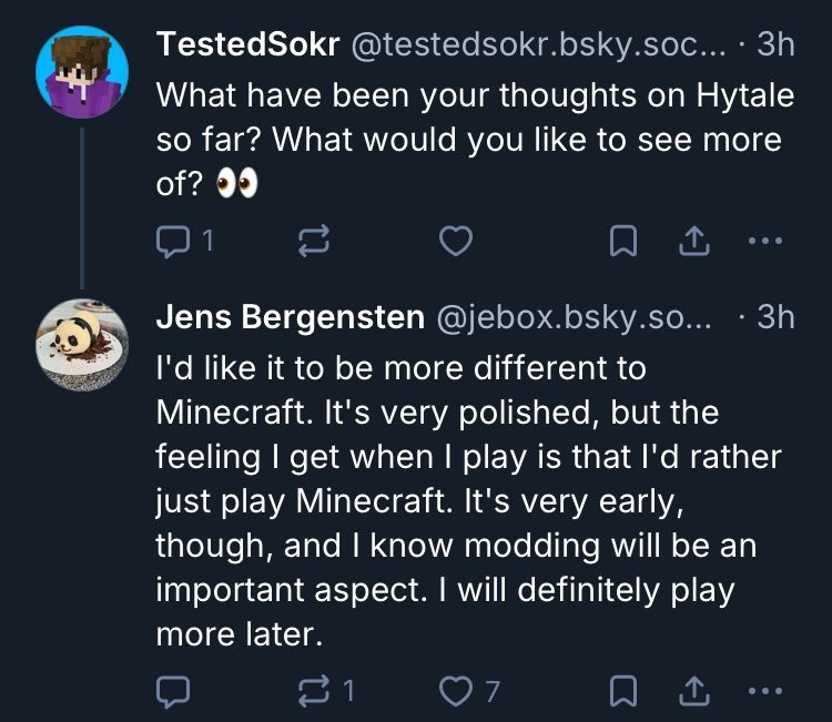 🔥 Jeb, desarrollador principal de Minecraft, admitió haber jugado Hytale y que le gustaría seguir jugándolo...

"He jugado un poco de Hytale [...] Está muy pulido [...] Definitivamente lo jugaré más adelante"