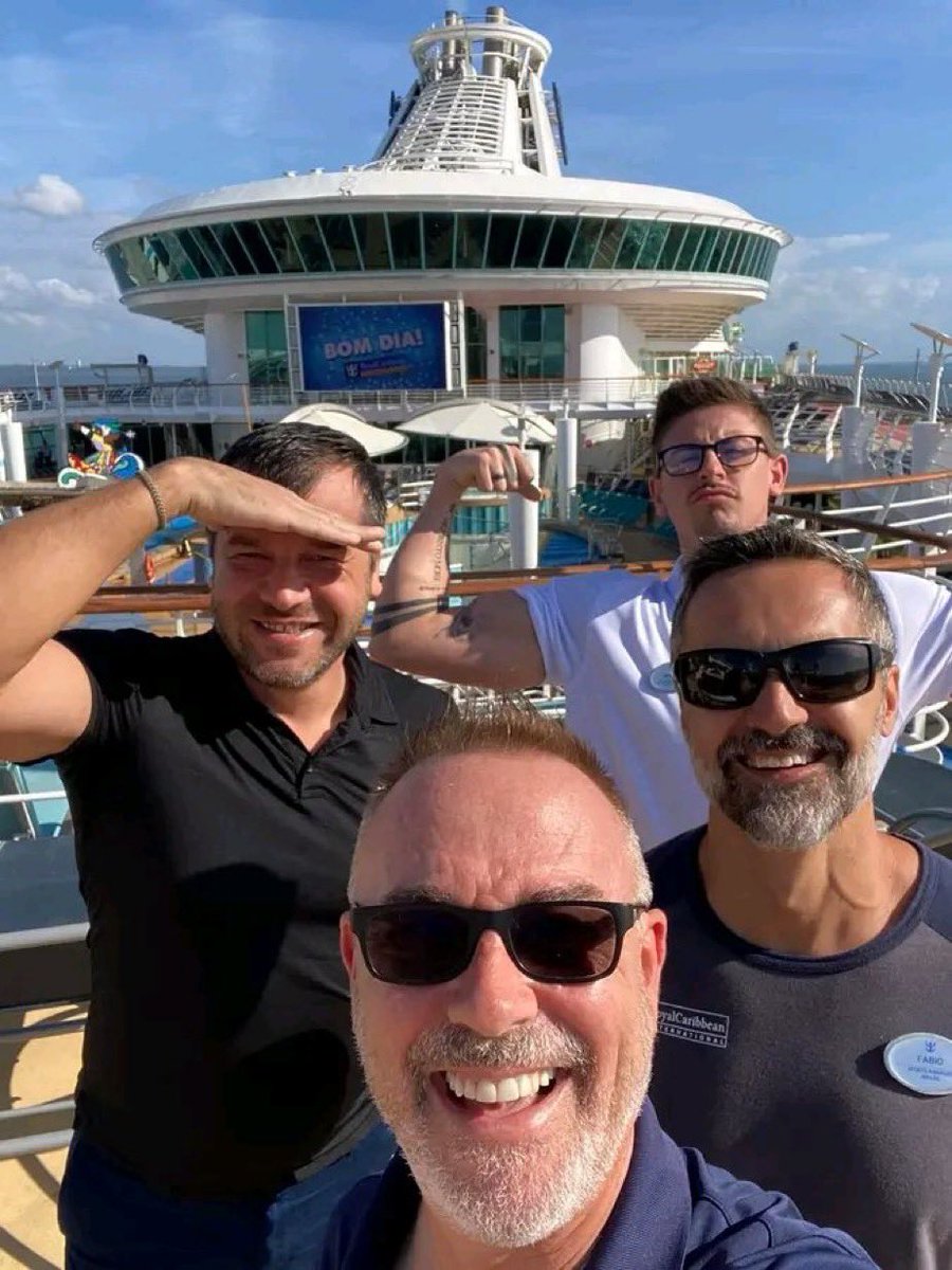 marcwalkercd's tweet photo. Happy weekend! The Ship is empty for an hour, and so we start our ship check to ensure all entertainment areas are ready for our incoming 4000 guests at 10.45! In the pic- Musical Director, Activity Manager (Tristan is quite proud of his muscles:), and Sports Manager. https://t.co/XDHabkixtM