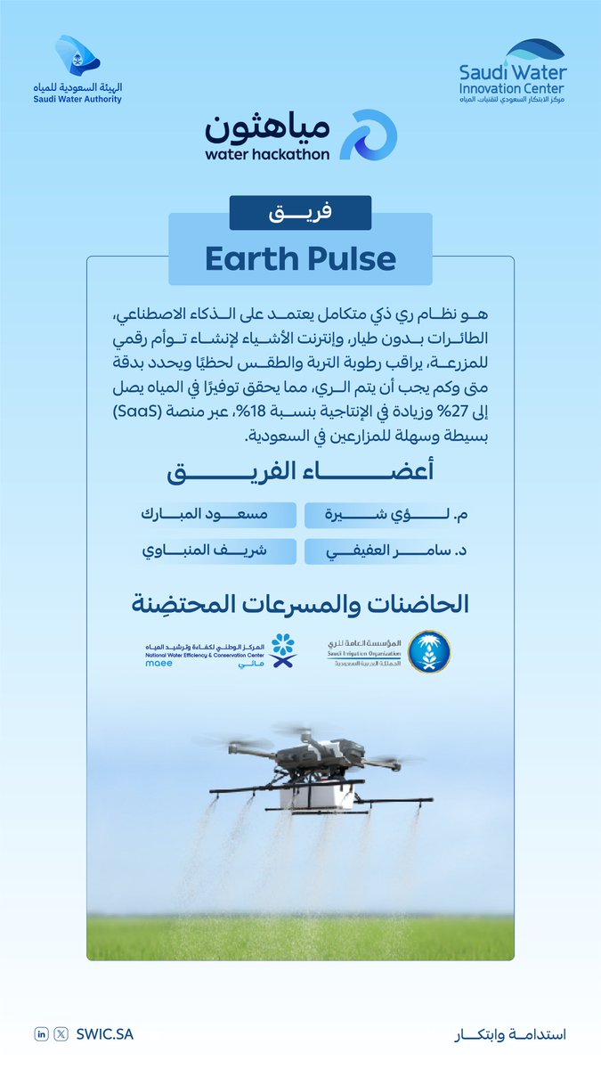 SWIC_SA's tweet image. يبرز نظام Earth Pulse للري الذكي كنموذج متقدم للابتكار في القطاع الزراعي، إذ يعتمد على تقنيات الذكاء الاصطناعي والتوأم الرقمي لضمان ري دقيق ومحسوب، ويسهم النظام في رفع كفاءة استخدام المياه وتحقيق أداء تشغيلي متقدم للمزارع في المملكة، وقد تم تبنّيه ضمن برنامج حاضنة ومسرعة أعمال…