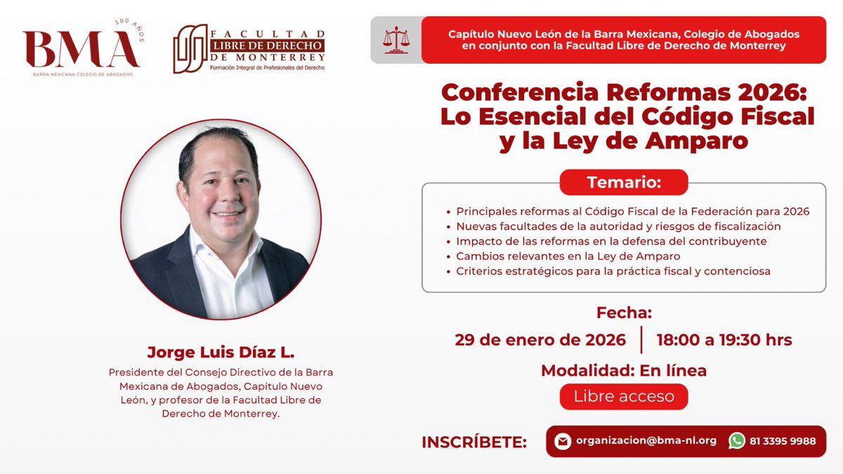 📘 Conferencia | Reformas 2026
Lo esencial del Código Fiscal y la Ley de Amparo: cambios, criterios estratégicos y su impacto en la defensa del contribuyente.

➡️ Regístrate:
intranet.bma.org.mx/events/confere…