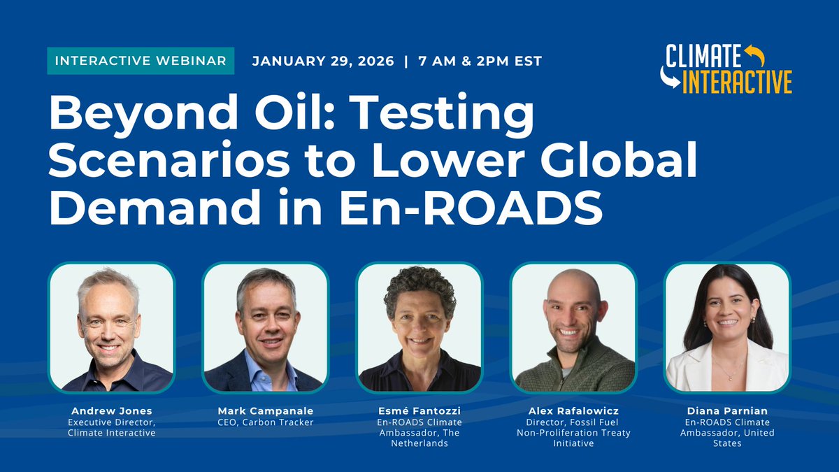 climateinteract's tweet image. What would it take to reduce global oil demand?
Join our interactive webinar using the En-ROADS Simulator (co-dev'd w/ @MITSloan) to test scenarios, explore policy tradeoffs, and hear from expert guest speakers.
🗓️ Jan 29 | 7am &amp;amp; 2pm ET
👉 Register: climateinteractive.org/get-involved/w…