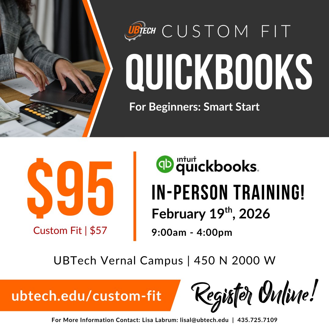 UBTechTitans's tweet image. UBTech Custom Fit is offering a QuickBooks class in February. Follow the link below to learn more or to sign up ⚙️⬆️
loom.ly/hd9L15M
#Utah #TheBasin #Trades #Health #Energy #Service #Industry #Community