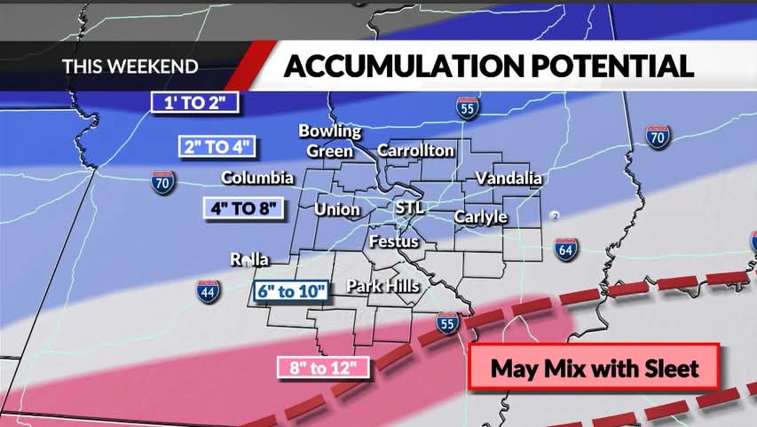 Here is my first public facing forecast map for the weekend storm.  Bottomline, this will have a major impact to daily activities Saturday and Sunday no matter where on the map you may live.  <a href="/FOX2now/">FOX2now</a> #stlwx