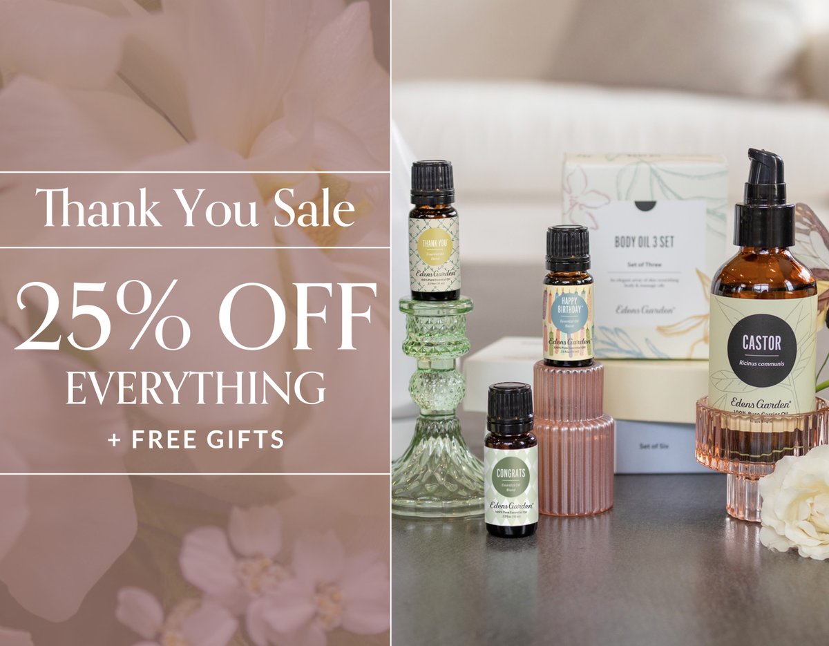 A little extra care, just for you. 🤍
⁠
As a thank you to our EG family, enjoy a special deal on essential oils, wellness, and home favorites, plus FREE gifts with purchase.

FREE Thank You blend at $75
FREE Diamond Diffuser + Blend at $125

⁠Shop now at EdensGarden.com