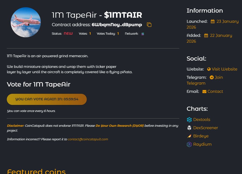 1mtair's tweet photo. ✈️ $1MTAIR is now listed on CoinCatapult!

Vote &amp; support 1M TapeAir 🚀
We keep taping. We keep flying.

👉 https://t.co/OigDGyCHTC https://t.co/6P1T9QqYZq