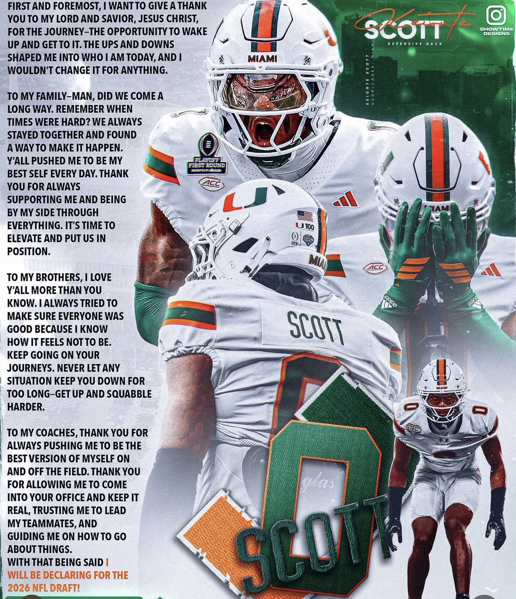 SportsRollo's tweet image. 🚨🚨🚨 BREAKING🚨🚨🚨

The best DB in the nation, Keionte Scott makes it official and enters the NFL Draft.

This season Scott finished with

Here are **Keionte Scott**'s key defensive stats for the 2025 college football season (Miami Hurricanes):

🙌64 tackles  
🙌42 solo…
