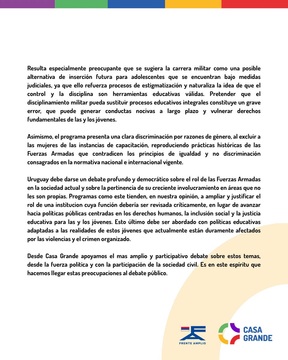 📢 El rol del Estado en las políticas socioeducativas importa. 
Desde #CasaGrande expresamos nuestra preocupación por el convenio MDN–INISA. 
Las medidas socioeducativas para adolescentes deben basarse en los derechos humanos, no en lógicas de disciplinamiento militar.