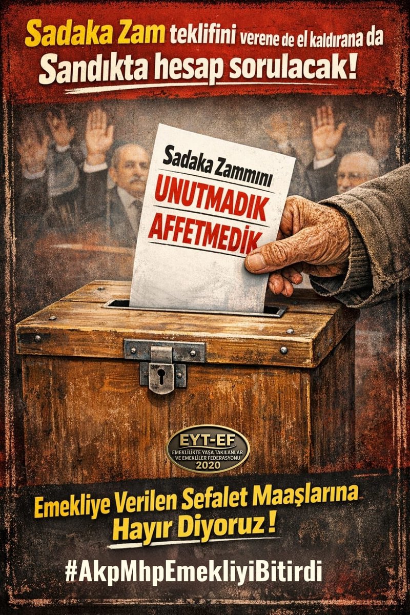#EmeklilerAyağaKalkın
👇👇
#Emekli Burada ‼️

Açlık ve sefalet içindeyiz;
Ancak Onurumuzla Ayaktayız‼️

Asıl Diriliş Sandıkta Olacak ‼️

EMEKLİ SUSMAZ ✊️
Bu Mücadele DURMAZ ✊️

#AkpMhpEmekliyiBitirdi
#5000KısmiHükümetinEseri

<a href="/herkesicinCHP/">CHP 🇹🇷</a> <a href="/eczozgurozel/">Özgür Özel</a>