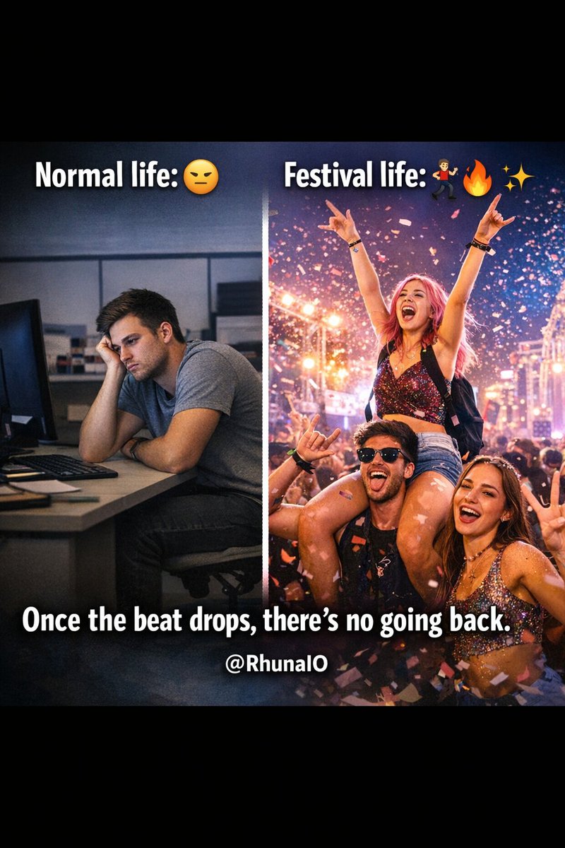 Normal life vs Festival life.
Once the beat drops, nothing else matters 🔊🔥
Tag your festival crew 👇
<a href="/RhunaIO/">Rhuna</a>