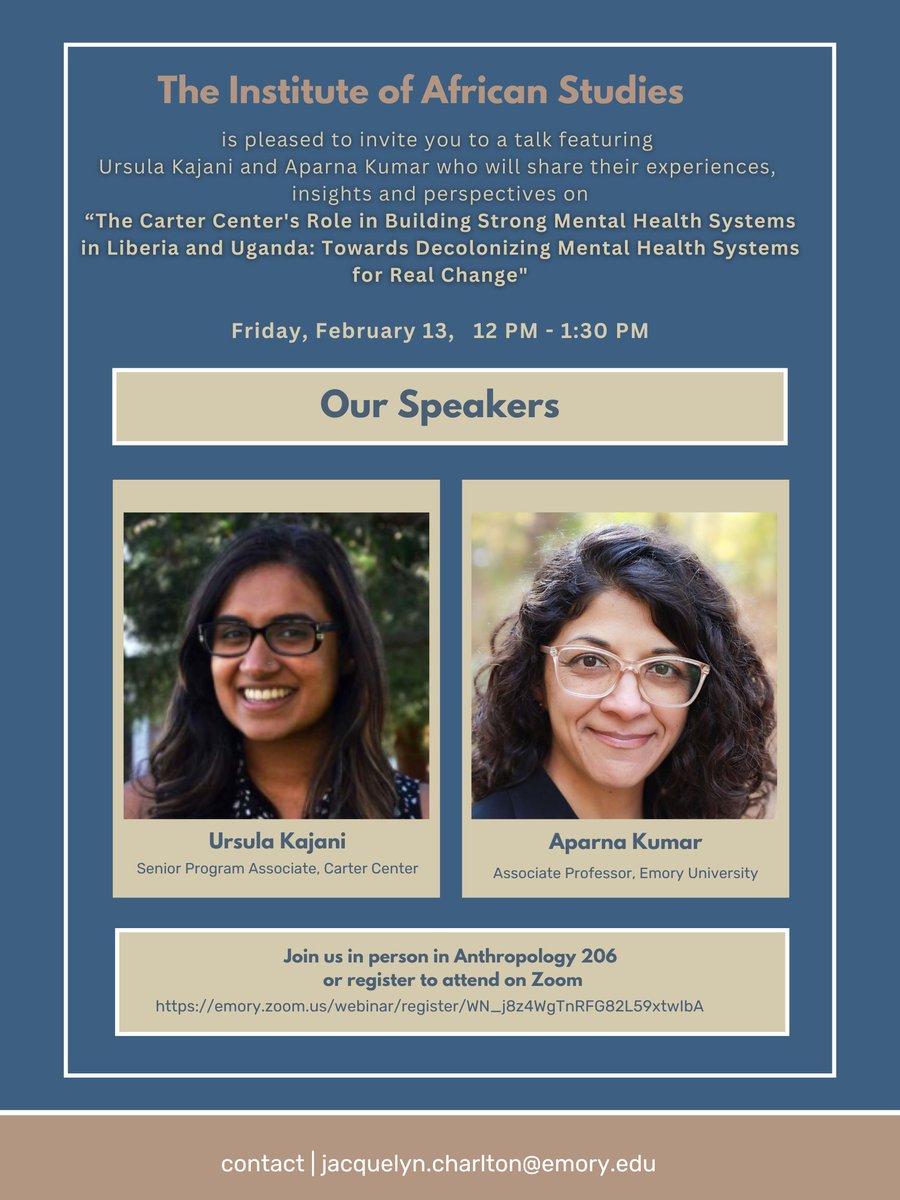 EmoryIAS's tweet image. Join us for a talk on “The Carter Center's Role in Building Strong Mental Health Systems in Liberia and Uganda: Towards Decolonizing Mental Health Systems for Real Change".

emory.zoom.us/webinar/regist…