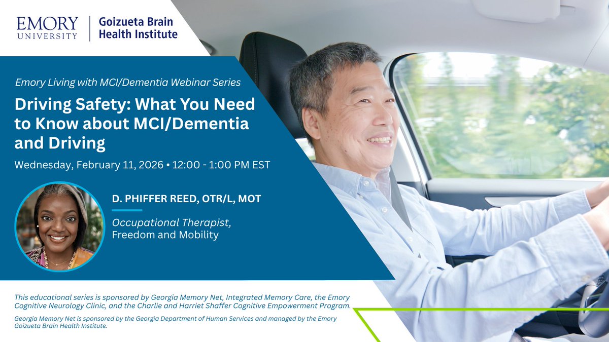 GaMemoryNet's tweet image. Join us on February 11th at noon for a presentation on driving safety &amp;amp; cognitive impairment. Learn when driving assessments are needed and how to discuss these important topics. Don't miss this essential discussion! #DrivingSafety #RoadSafety #MemoryLoss

zoom.us/j/92169139023