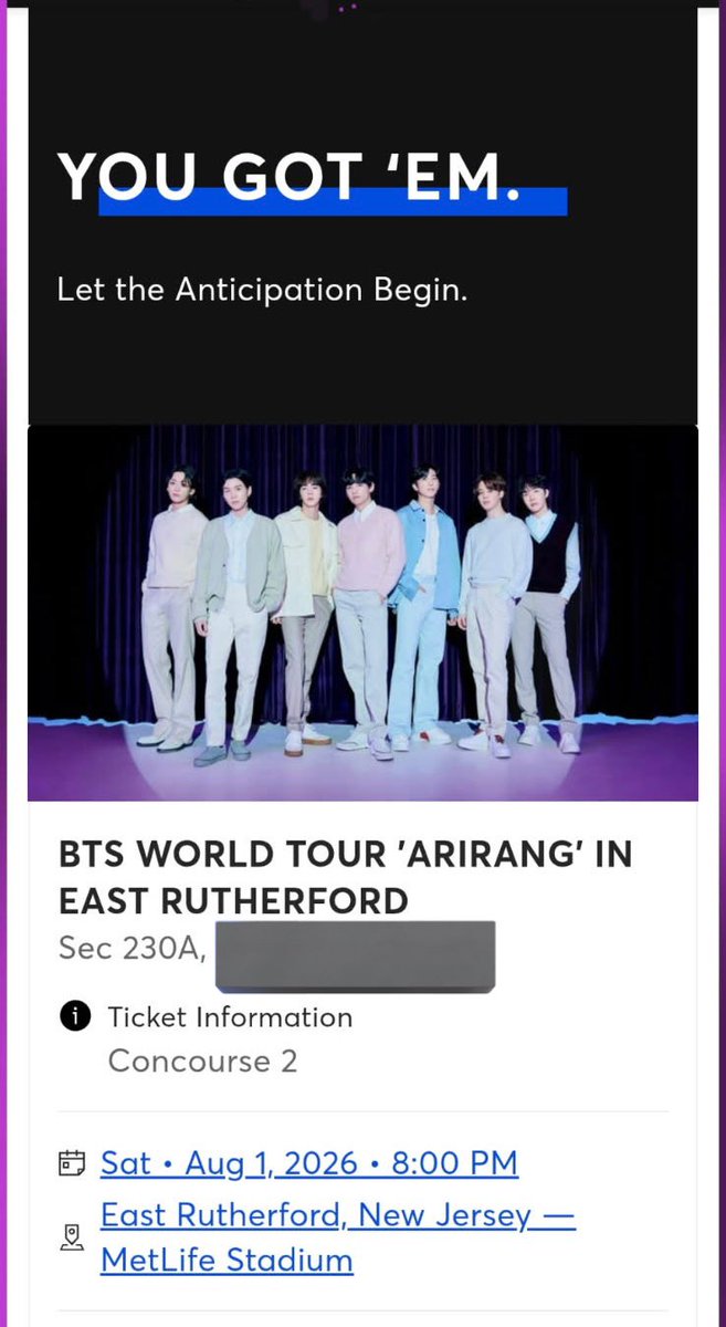 SUGARYTAE's tweet image. IM SEEING BTS AT METLIFE 😭😭 SHOUTOUT TO MY FAMILY THEY WON THE TICKETMASTER WAR RAAAAHHHH!!! 🙂‍↕️💜