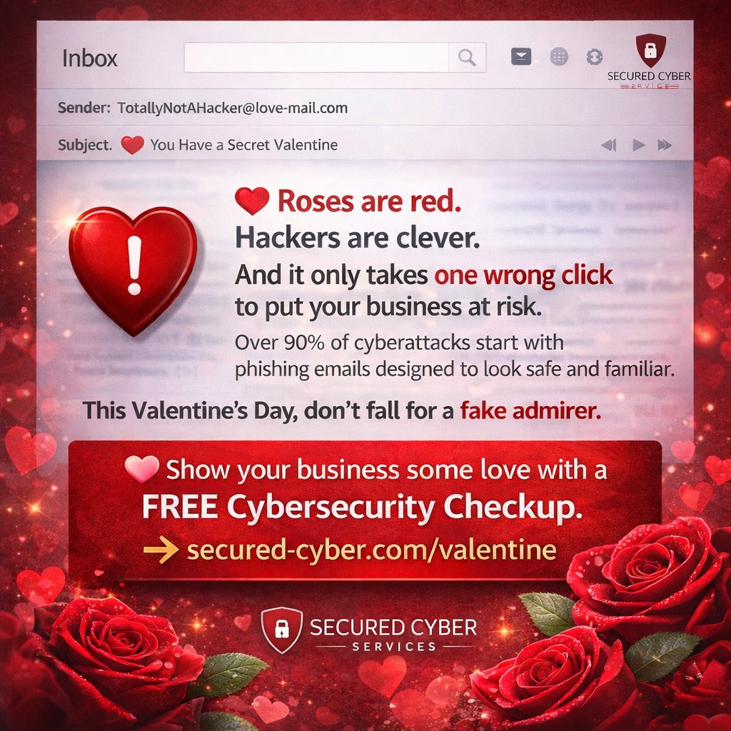 💘 Roses are red. Hackers are clever.
One wrong click can put your business at risk.
Over 90% of cyberattacks start with phishing.
Don’t fall for a fake Valentine.

❤️ Free Cybersecurity Checkup:
secured-cyber.com/valentine