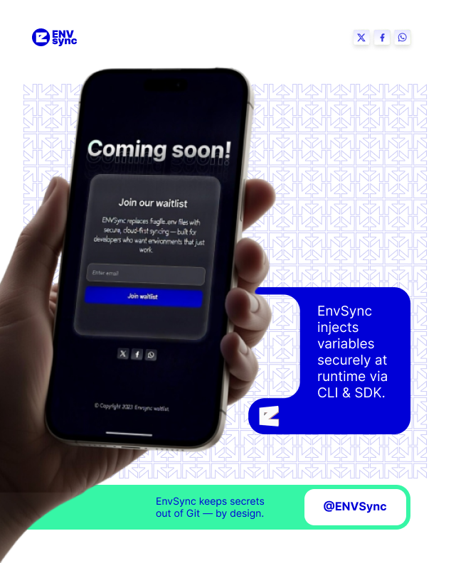 envsync's tweet photo. Stop passing secrets around.
EnvSync loads them securely at runtime—no files, no leaks, no guesswork. Coming soon.

#EnvSync #AppSecurity #DevTools #CloudSecurity #BuildInPublic #ComingSoon https://t.co/OIL0KohR8p
