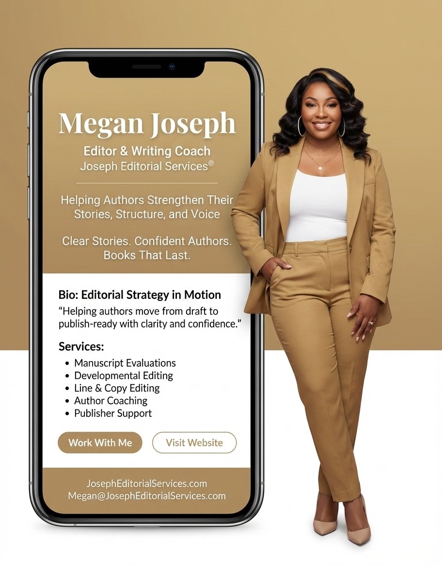 WriteWithMegan's tweet image. I’m Megan Joseph — a Manuscript Development Consultant and Editorial Strategist. Since 2018, I’ve helped authors and publishers shape over 1,000 projects, from full-length novels to memoirs, short stories, and nonfiction manuscripts.