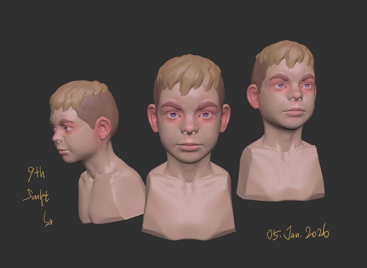 Tetodraw's tweet photo. Here I eventually put more time/effort into the hair/ear. I seperated them into their own pieces, which made sculpting much easier. (I also experimented a bit with expressions) https://t.co/S4uAtqHgM7