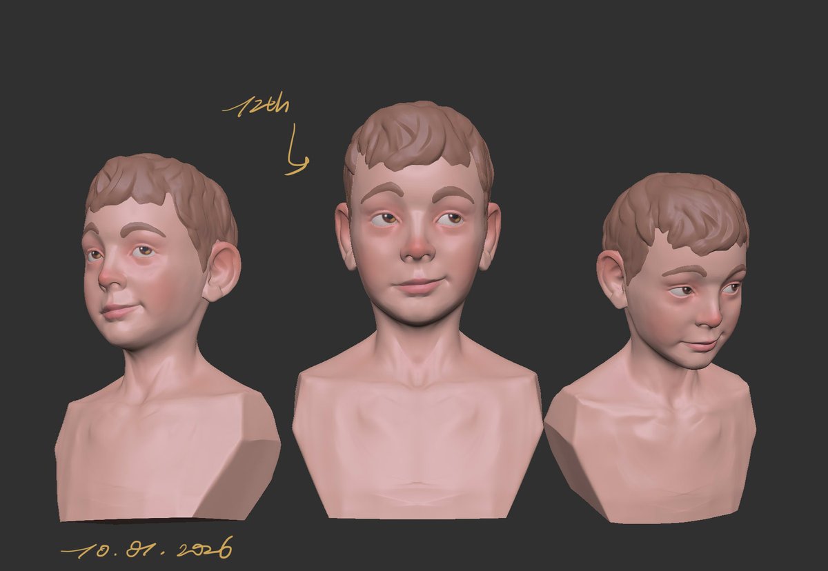 Tetodraw's tweet photo. Here I eventually put more time/effort into the hair/ear. I seperated them into their own pieces, which made sculpting much easier. (I also experimented a bit with expressions) https://t.co/S4uAtqHgM7