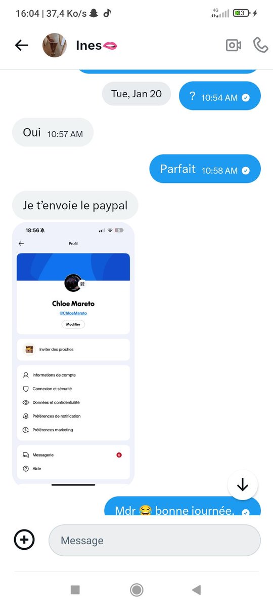liosacrer's tweet photo. Elle me répond que oui qu'elle est dispo dans 5 min en m'envoyant son PayPal cette arnaqueuse afin que je lui envoie 40€ qu'elle m'a demandé, la suite arrive https://t.co/j6JzeZNfZw