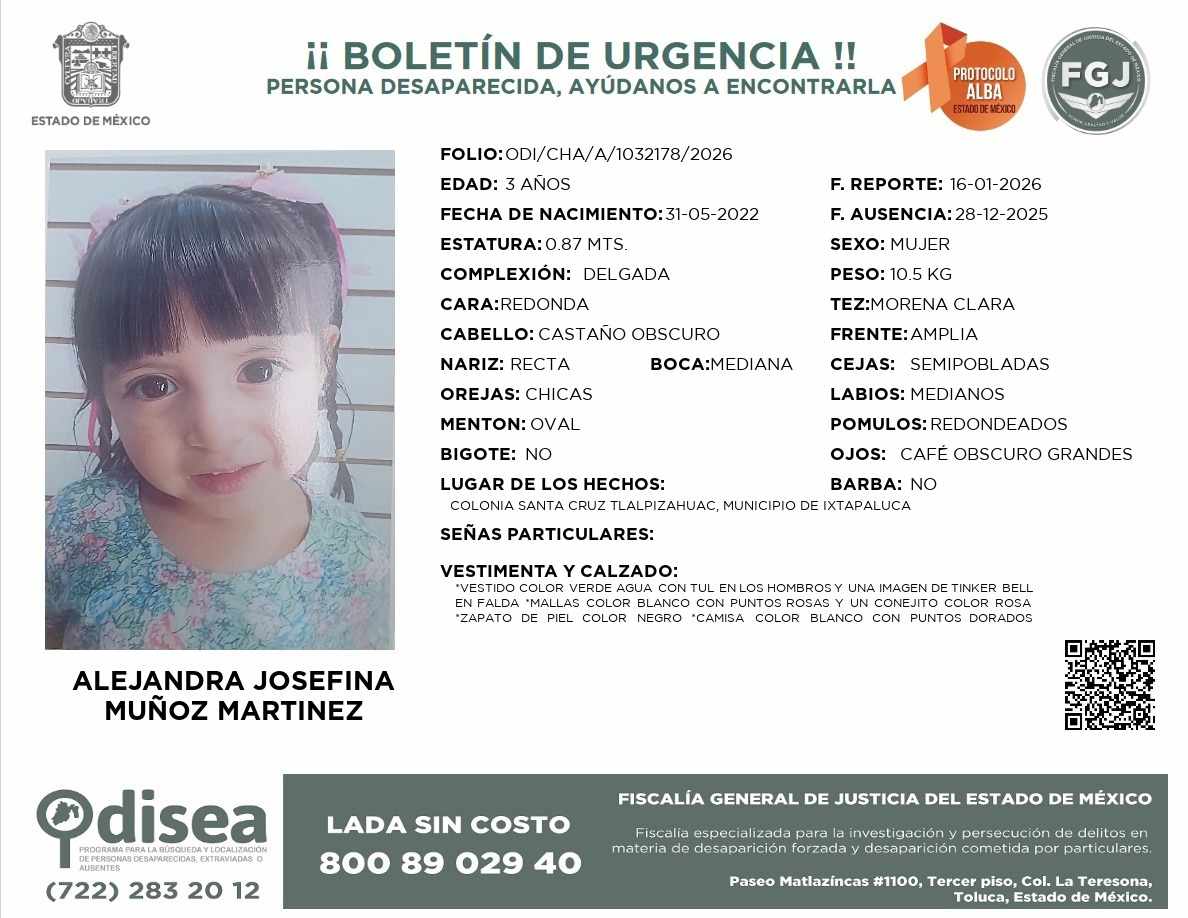 Fam_Unidas_AC's tweet image. Solicitamos su colaboración para localizar a ALEJANDRA JOSEFINA M.M de 3 años, vista el 28/12/25 en #Ixtapaluca #Edomex ¿La has visto? @LaAlamedaEdoMex @Diario_Supremo @ReporterosMX_ @reyeslourdes @msalguerb @LaAmbrosi @maiteperroni
