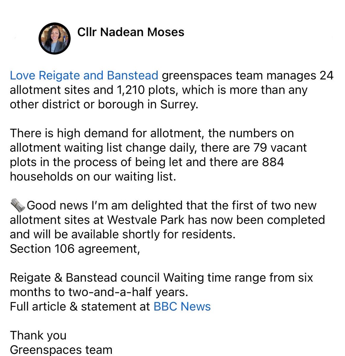 nadean_moses's tweet photo. 🗞️good new @reigatebanstead 
New allotment sites will be available shortly for residents.
Thank you R&amp;B Greenspaces team ✔️
#surrey #reigateandbanstead #surreylife 
#allotments #BBC https://t.co/pJpUwioFqi