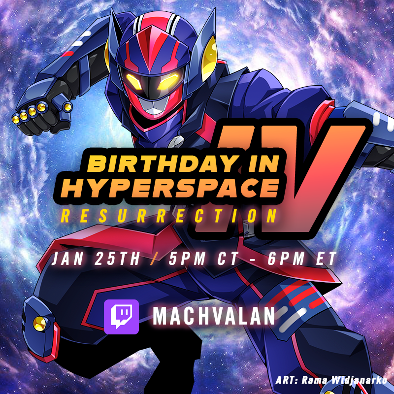 It's that time of year again! We're celebrating my Birthday In Hyperspace, heading into my fourth year as a VTuber and um...my getting older otherwise.

We'll have a bunch of special guests, followed by the traditional Karaoke Gauntlet! It all starts at 5PM CT/6PM ET on Twitch!