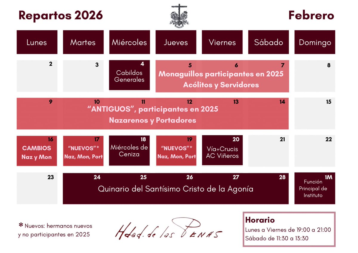 | MARTES SANTO 2026 | REPARTOS

Anunciamos las fechas de inscripción, reparto de túnicas y tallajes para el #MartesSanto2026.

También está disponible la inscripción online para todos aquellos que participaron en la procesión de 2025.

#LasPenas #CofradíasMLG