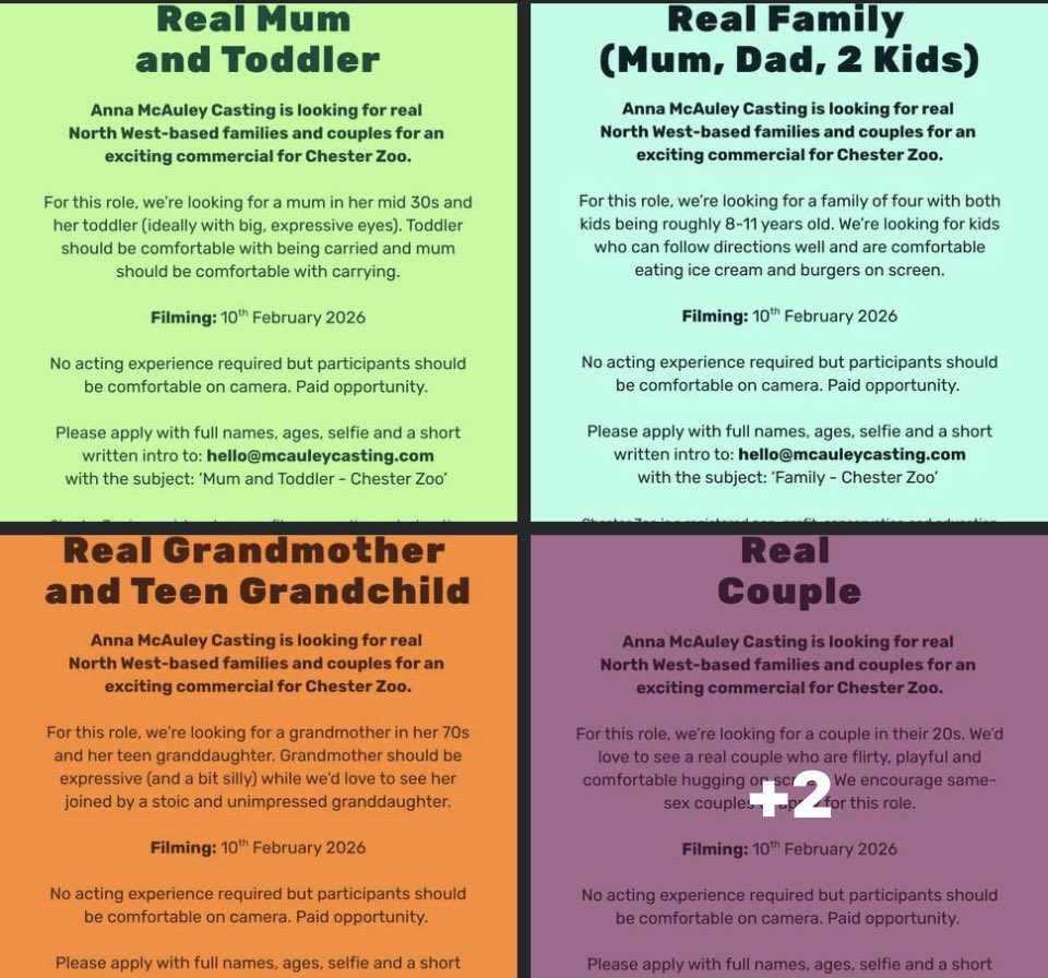 Sami_Boo_Boo's tweet photo. @chesterzoo Bit disappointing to see your casting requirements for your new advert. No single people and not a very inclusive description of a “real family”? https://t.co/EqSD5N0ZMy