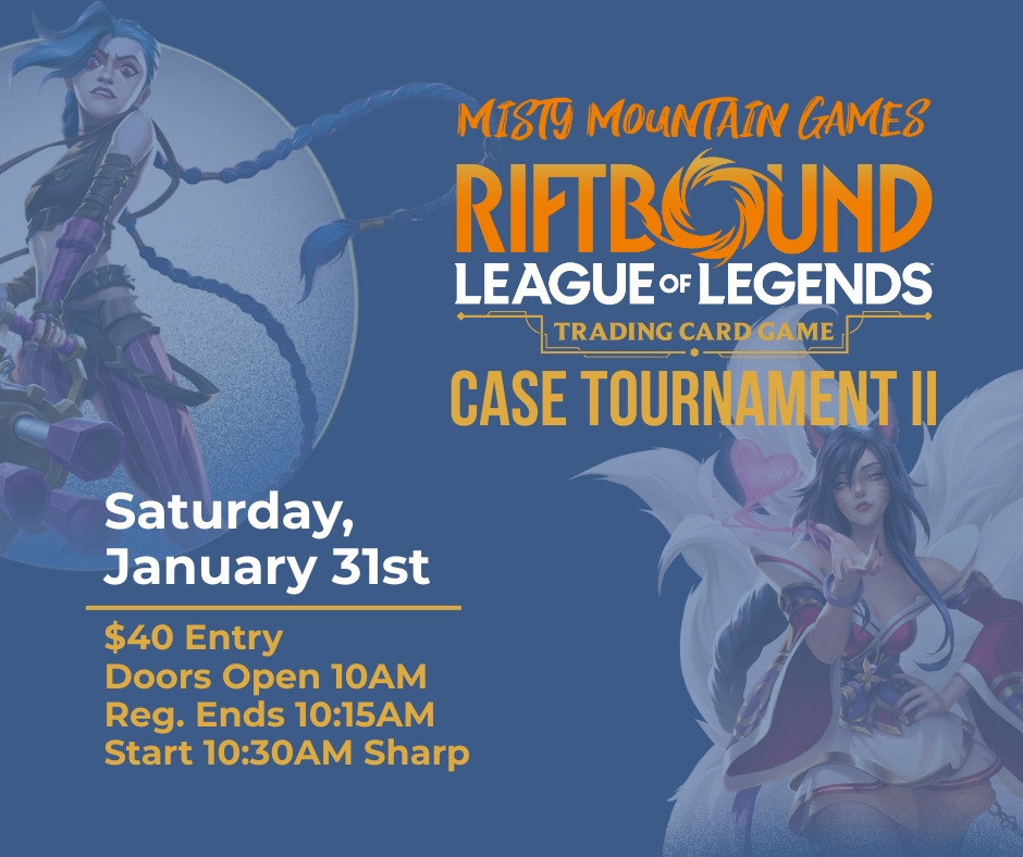 We are excited to announce ANOTHER Riftbound case tournament! There will be a cut to top 8 to determine who walks away with 1/2 case for 1st! 
40 ppl-Prizing paid to top 16
60 ppl-Add 1/2 case to prizing
80 ppl (soft cap)-Add 1/2 of 2nd case to prizing
Decklists REQUIRED