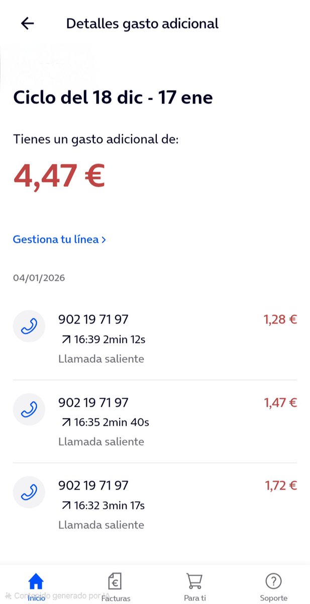lines134's tweet photo. Hola @Correos @CorreosExpress. Exijo la devolución de mis 4,47€.

Vuestra app de seguimiento me OBLIGA a llamar al 902 (de pago) ocultando el número gratuito obligatorio por ley.

Aquí tenéis la prueba del botón "trampa" y el cargo en mi factura. https://t.co/YXYYqKKKrr