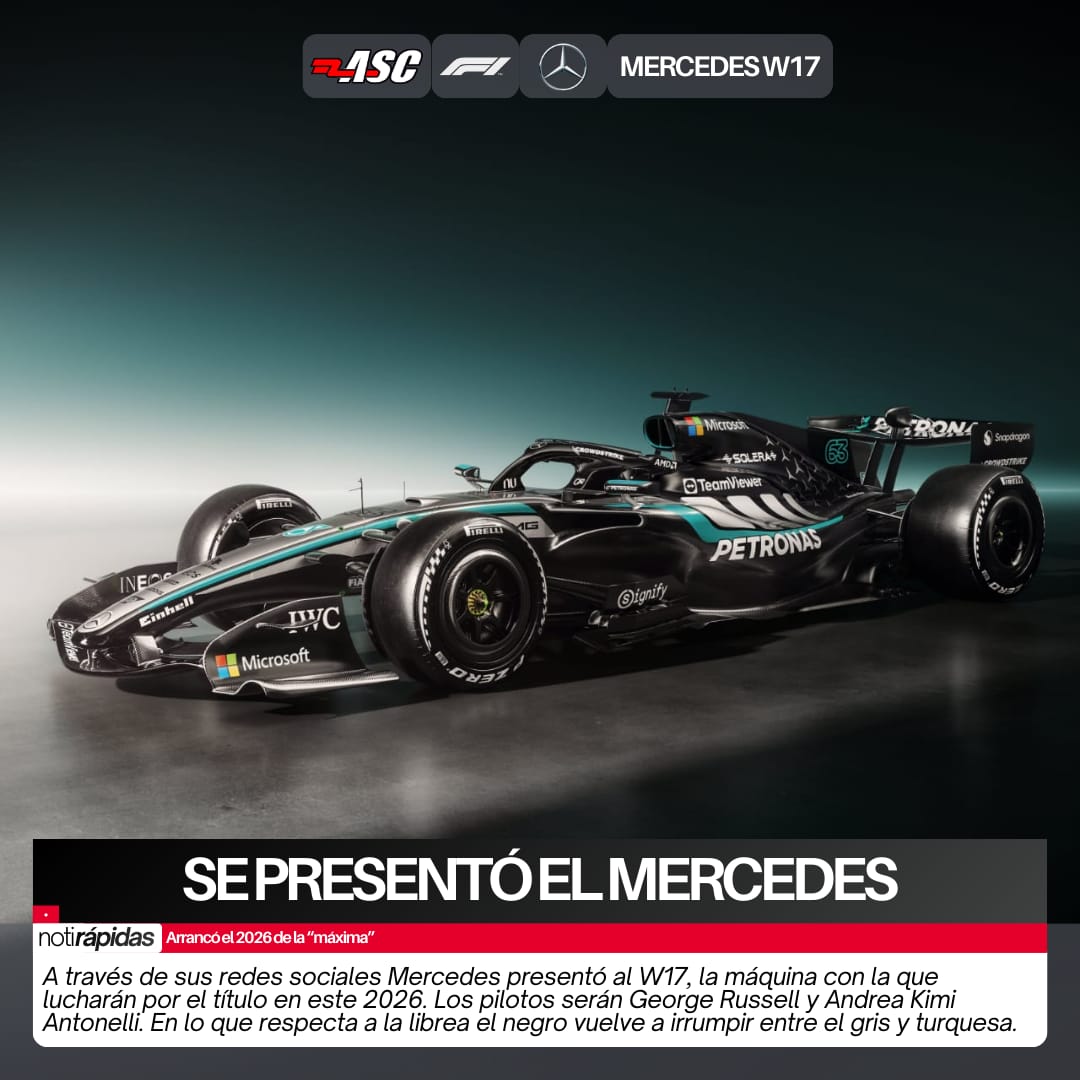#F1 - SE PRESENTÓ EL MERCEDES

A través de sus redes sociales Mercedes presentó al W17, con el que lucharán por el título en este 2026. Los pilotos serán George Russell y Andrea Kimi Antonelli.

En lo que respecta al diseño, el negro vuelve a irrumpir entre el gris y turquesa.