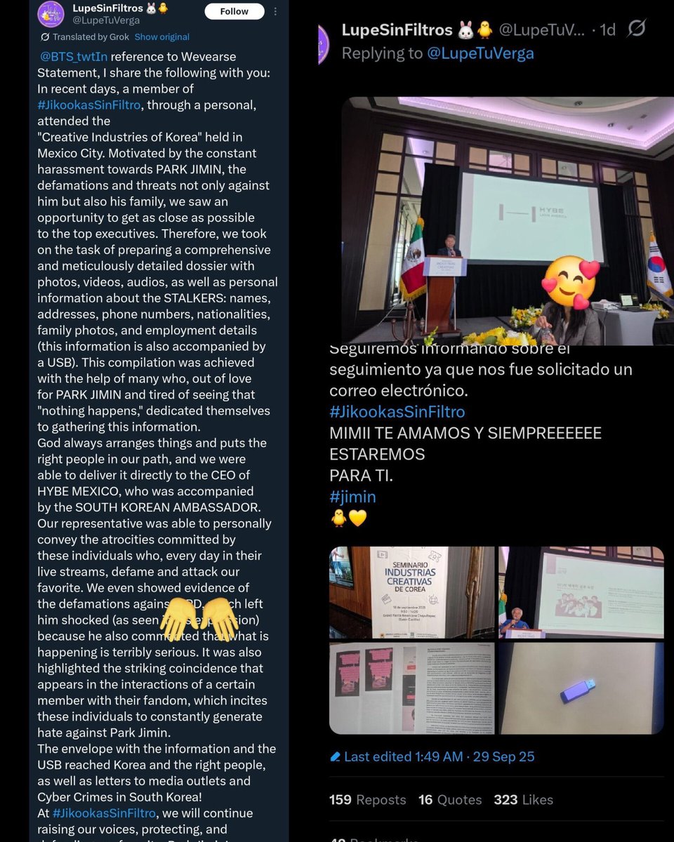 Jinnieside's tweet image. Essa mulher está ameaçando prejudicar integridade física do 🐯 no show do México. 

Denunciem as contas do X e TikTok, e mandem o template para a HB

TEMPLANTE: docs.google.com/document/d/1-d…
PORTAL DE DENUNCIAS: protect.hybecorp.com

+ Links abaixo