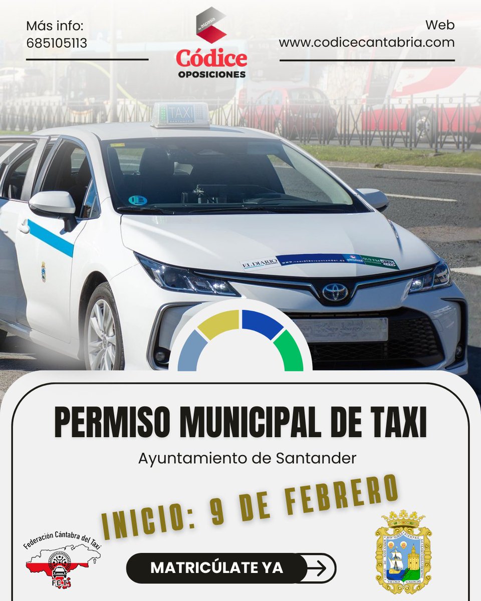 📣📣 Iniciamos nuevo curso de #taxi este próximo 9 de febrero‼

🚕 Si estás en paro es tu oportunidad, ¡trabajo prácticamente asegurado! 👌
🏳️ No es necesario disponer de una nacionalidad de un Estado Miembro de la UE

📲 685 105 113
📩 academia@codicecantabria.com
#permisotaxi