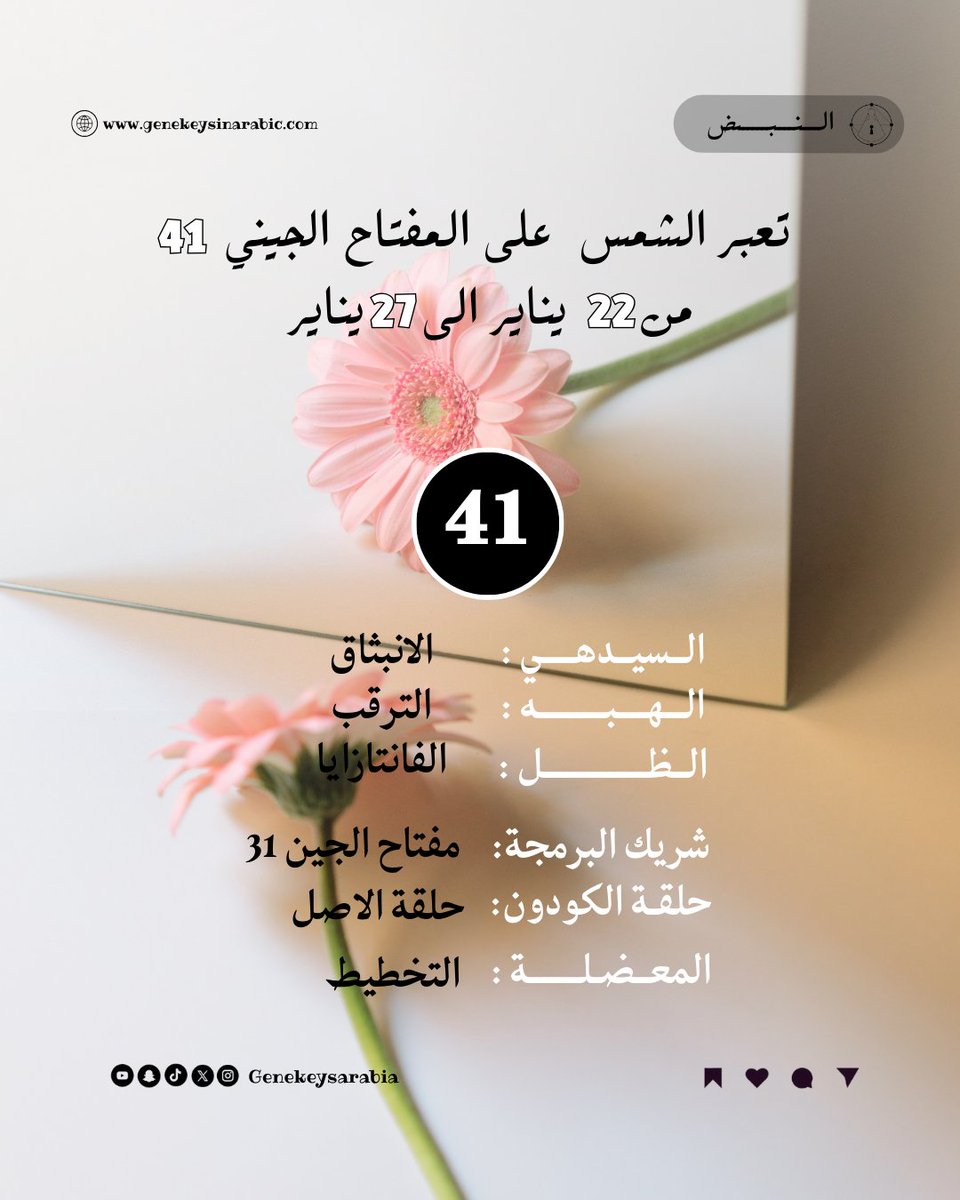 ☀️ عبور الشمس في المفتاح الجيني 41
​الفترة: من 22 يناير إلى 27 يناير

​السيدهي (الأسمى): الانبثاق (Emanation)
​الهبة (العطاء): الترقب / التوقع (Anticipation)
​الظل (التحدي): الفانتازيا / الوهم (Fantasy)
​🔍 تفاصيل إضافية:
​شريك البرمجة: المفتاح الجيني 31
​حلقة الكودون: حلقة الأصل