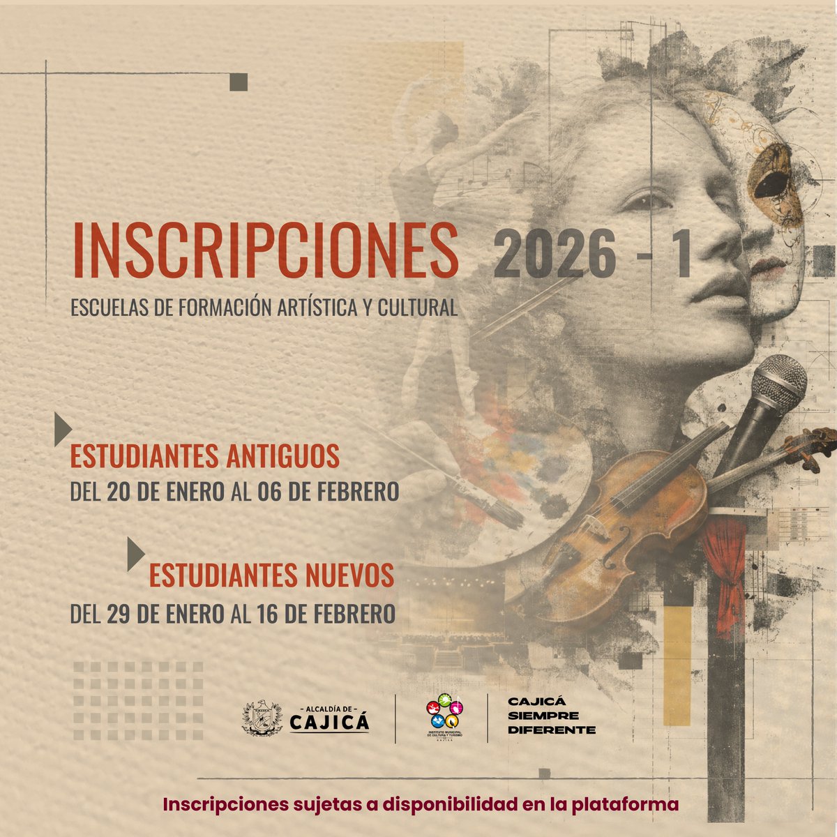 🎶🎭🎨 ¡Arrancamos el 2026 con las Escuelas de Formación Artística y Cultural de Cajicá!

📌 Actualización de datos (estudiantes antiguos) hasta el 6 de febrero
📌 Inscripciones nuevos estudiantes: 29 de enero al 16 de febrero
🔗 culturacajica.app