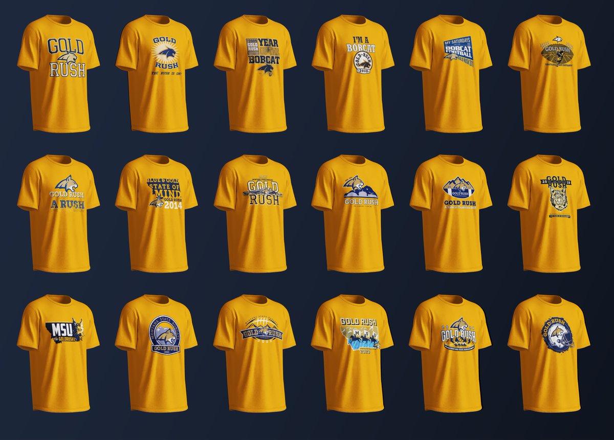 Every official Montana State "Gold Rush" t-shirt since 2007.

#BobcatBuilt

<a href="/MSUBobcats/">Montana State Bobcats</a> <a href="/MSUBobcats_FB/">Montana State Football</a>