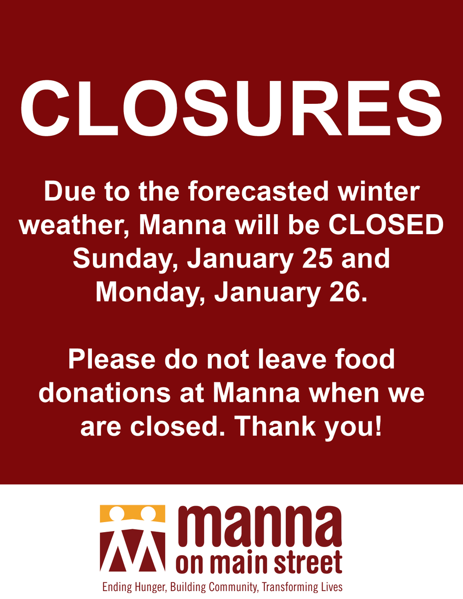 mannaonmain's tweet photo. Due to the forecasted winter weather, Manna will be CLOSED on Sunday and Monday.

Please do not leave food donations at Manna's facilities when we are closed.

If you have questions, call Manna at 215-855-5454.

Manna plans to resume our Regular Program Schedule on Tuesday. https://t.co/xAVuvMmeNl