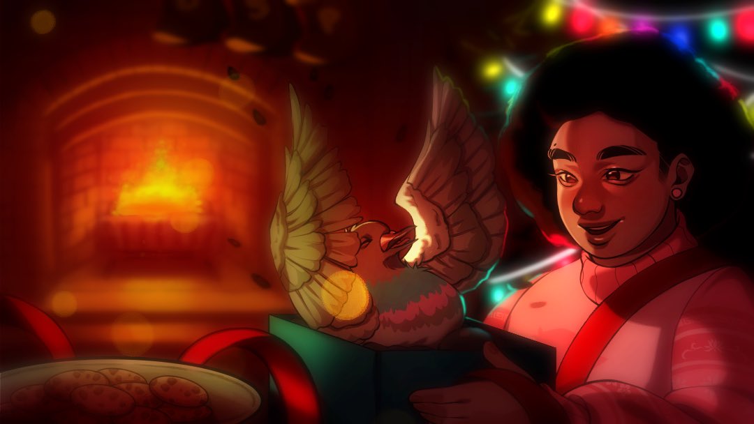 since we're about to enter February, I wanted to spotlight this seasonal banner the Plush City discord had this past Christmas! 🌺

🎨: <a href="/dino__desu/">˗ˏˋ 🌸 dino 🌸´ˎ˗ ✦『 moved to bsky 』✦</a> 💌