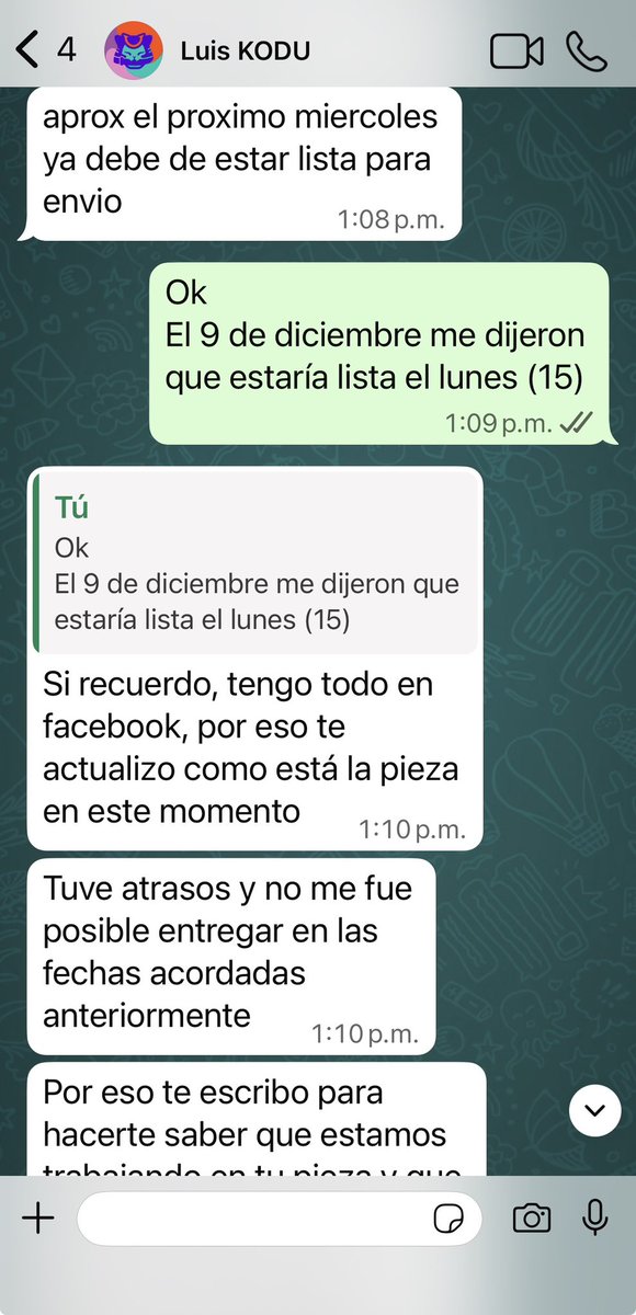 Glinwen's tweet photo. El diciembre, la persona me dijo que había tenido atrasos, pero que enviaría fotos y la urna. No recibí nada.
En enero le pedí el reembolso y entonces me escribió por WhatsApp con una foto (¡por fin!) de mi urna.
Se comprometió a mandar avances y enviar la urna el 14 de enero. https://t.co/rEhmBl1Di1