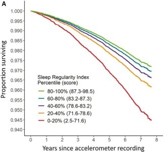 You should go to bed around the same time every night🌓

Sleep consistency (+/- 30 min) has been seen to be a bigger predictor of survival than total sleep duration

Most regular sleepers (top 20%) had 30–48% lower risk of death compared to the least regular (bottom 20%), even