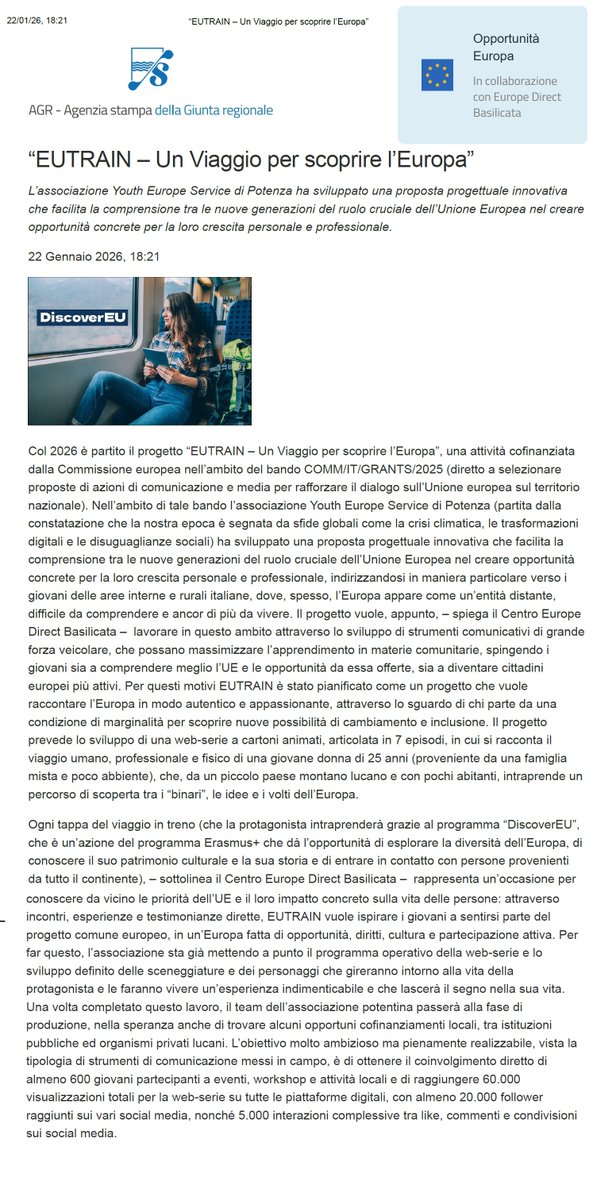 EUROPEDIRECTBAS's tweet image. Nuovo appuntamento oggi, 21/01/2026, con la rubrica dal titolo "Opportunità Europa" pubblicata sul sito della Regione Basilicata e sviluppata dal centro #EuropeDirectBasilicata in collaborazione con l'AGR. Parliamo dei primi step del progetto #EUTrain #EUfunded